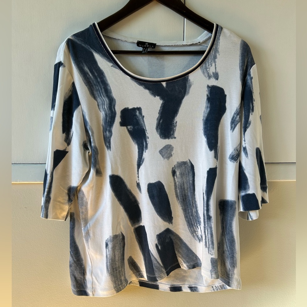 MARBLE Blue and White 3/4 Sleeve Crew Neck T-Shirt
